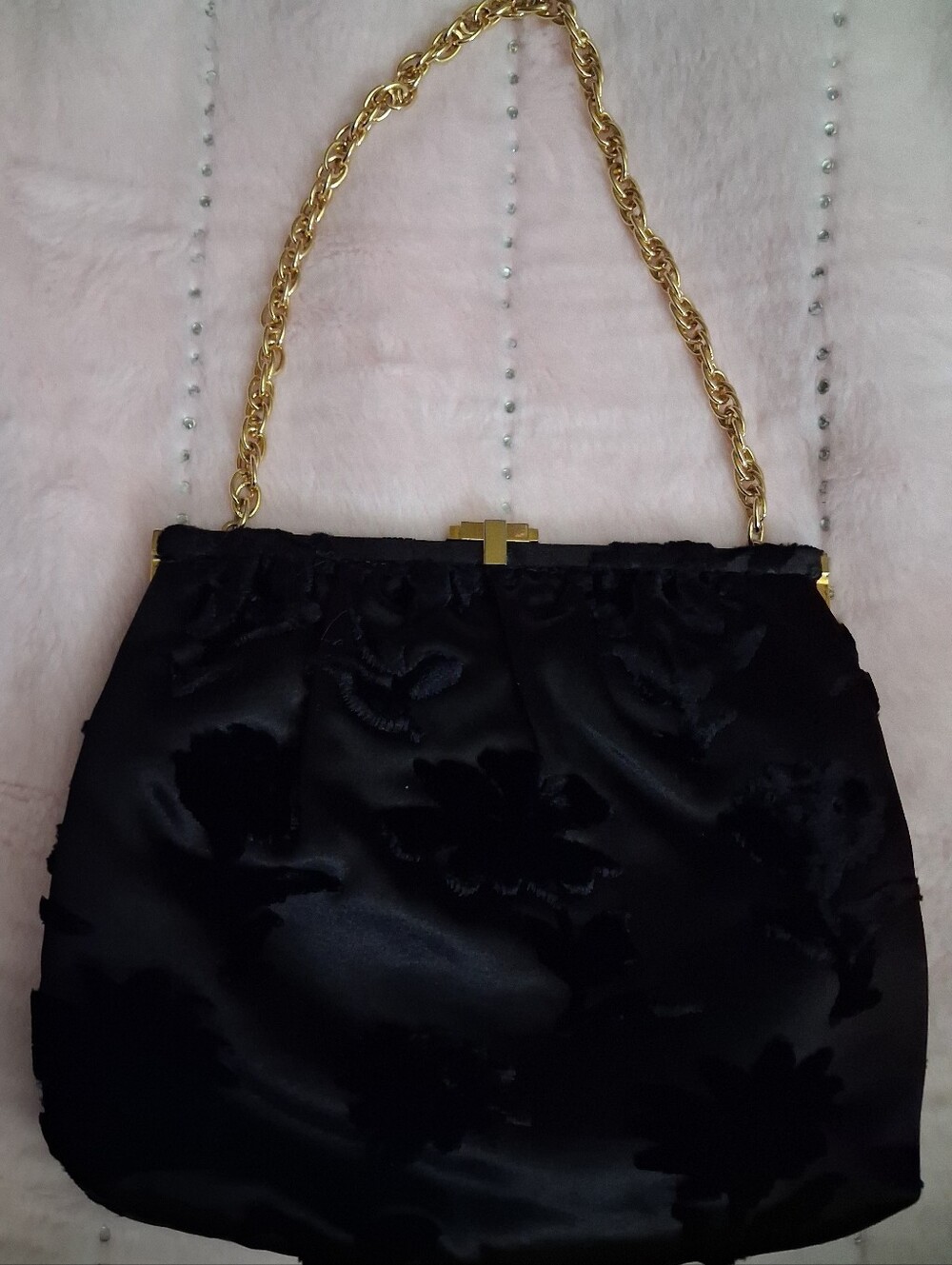 Vintage Black Satin Floral Evening Bag with Gold Chain